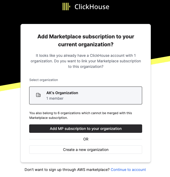 Интерфейс ClickHouse Cloud, показывающий, как добавить подписку из маркетплейса к существующей организации