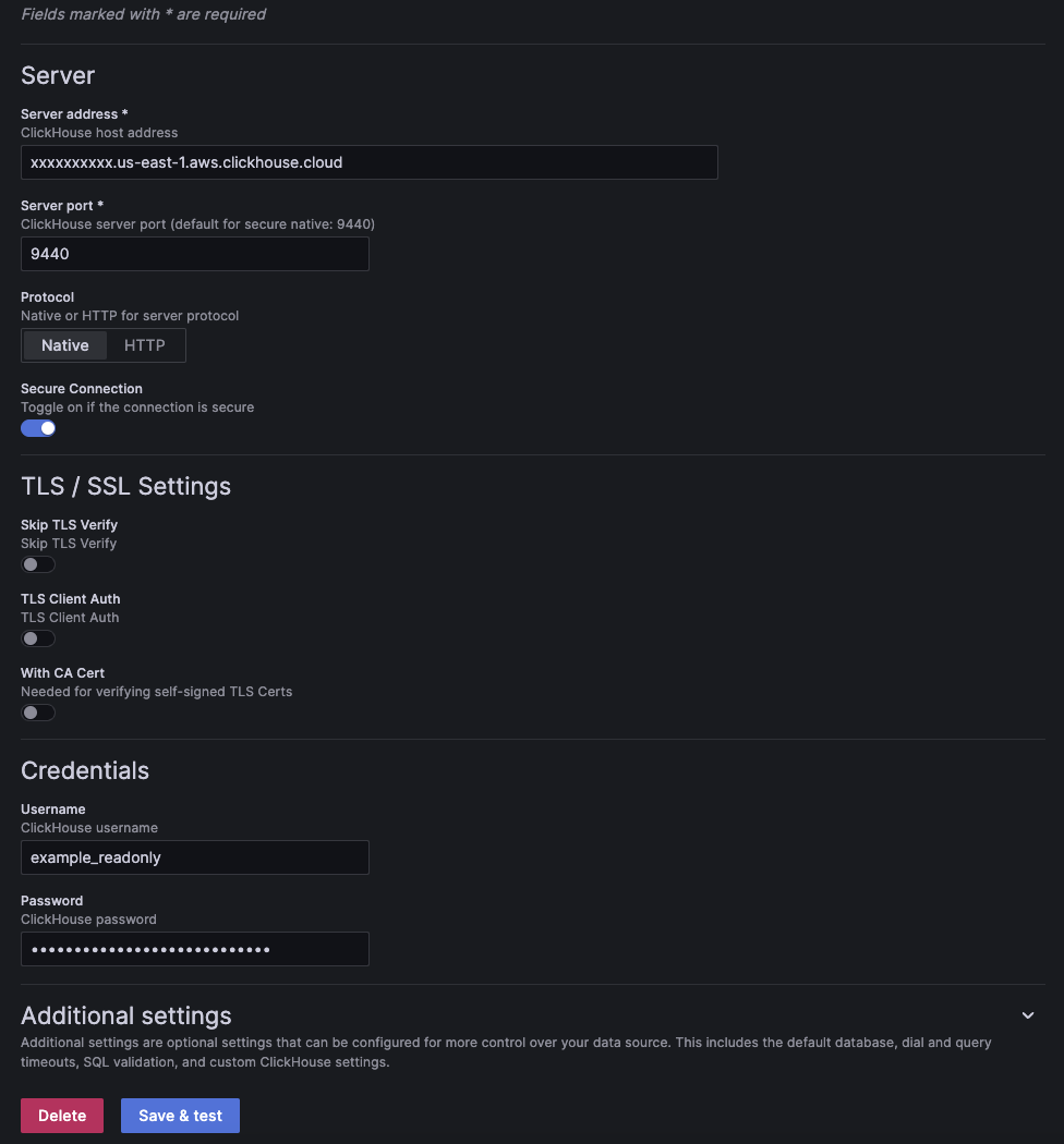 Страница конфигурации подключения